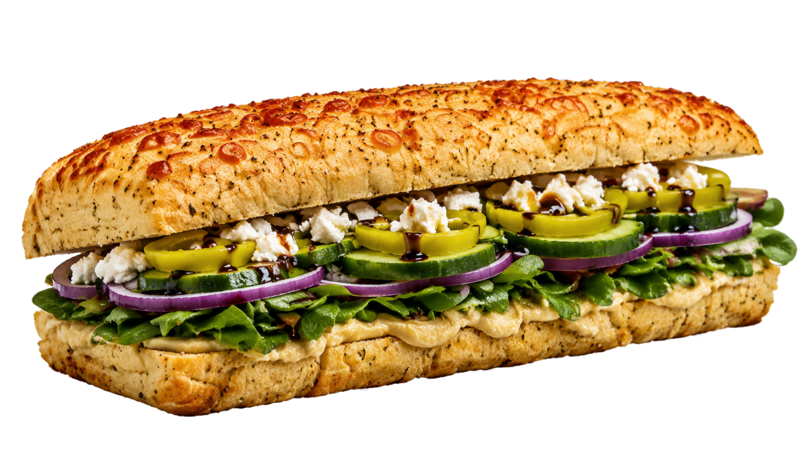 The Mediterranean Delight sandwich with hummus, feta, spinach, cucumber, onion, and banana peppers