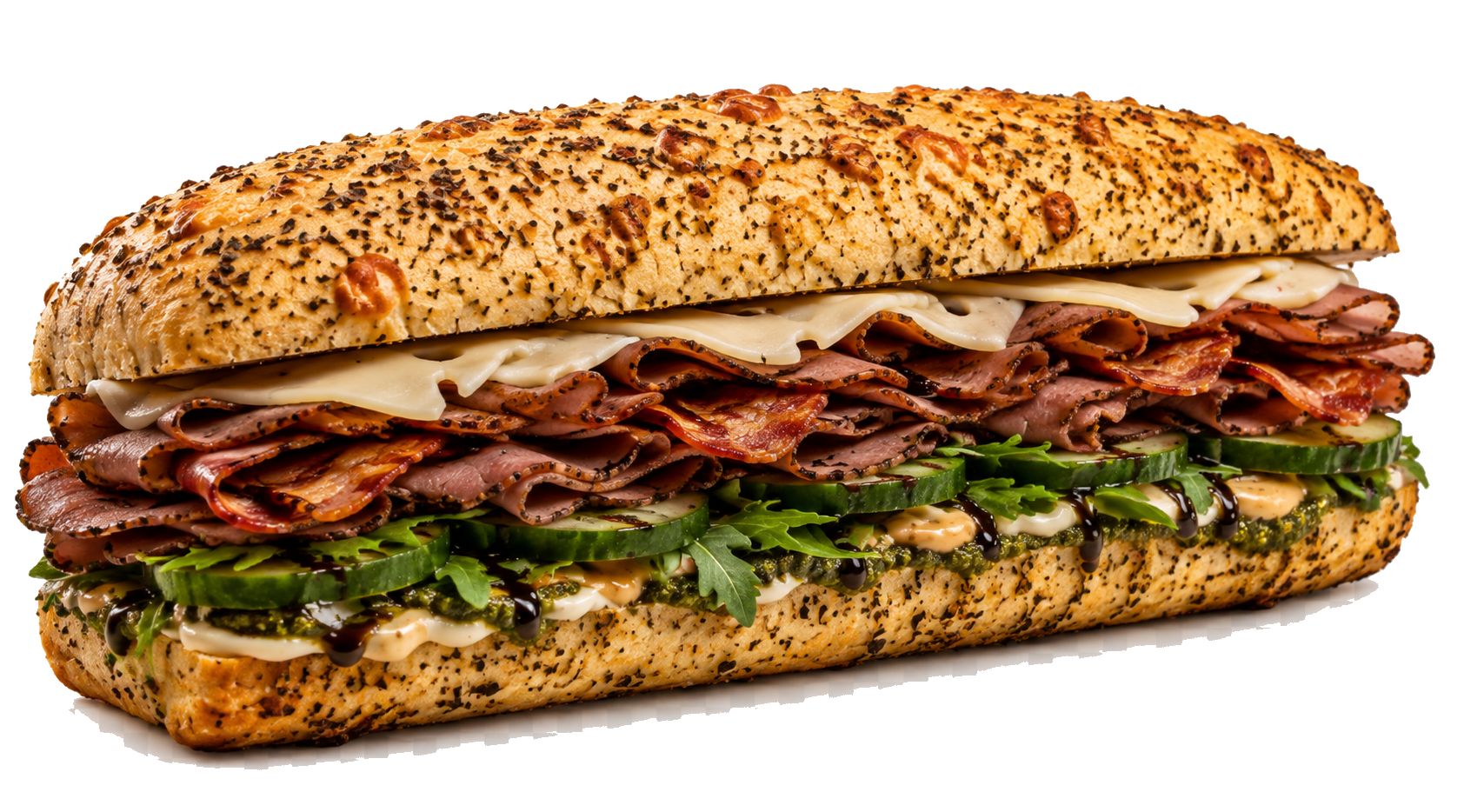 The Pastrami Special sandwich with turkey pastrami, beef bacon, Swiss, and arugula