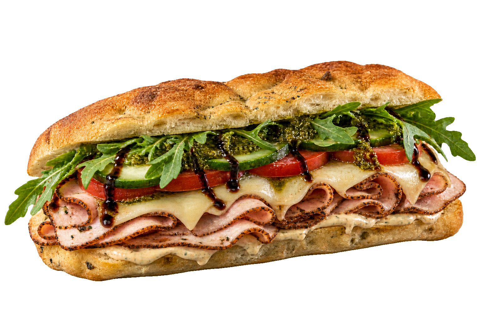 The Sandwishat Signature focaccia sandwich with turkey pastrami, provolone, arugula, cucumber, and tomato