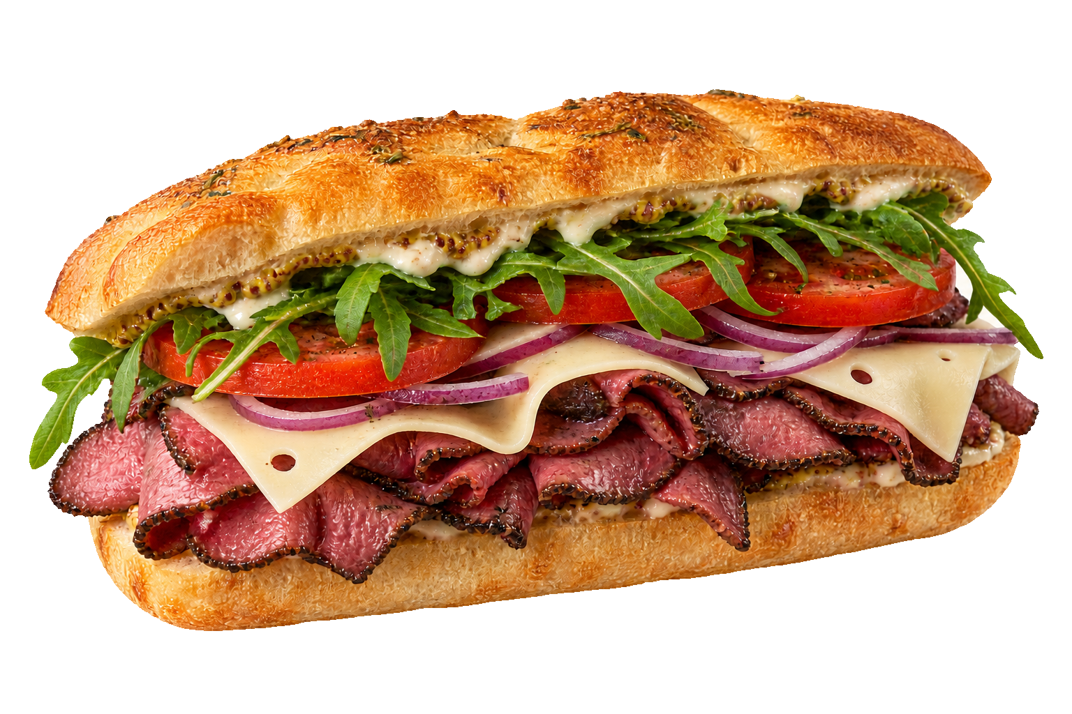 We Beef’in focaccia sandwich with beef pastrami, Swiss, arugula, tomato, and red onion